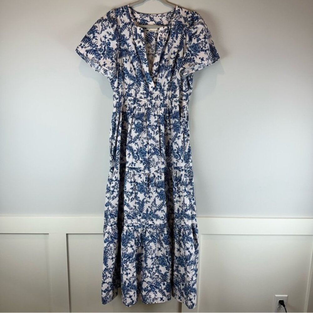 By Anthropologie Blue White Floral Somerset Maxi Botanical V-Neck Dress Large